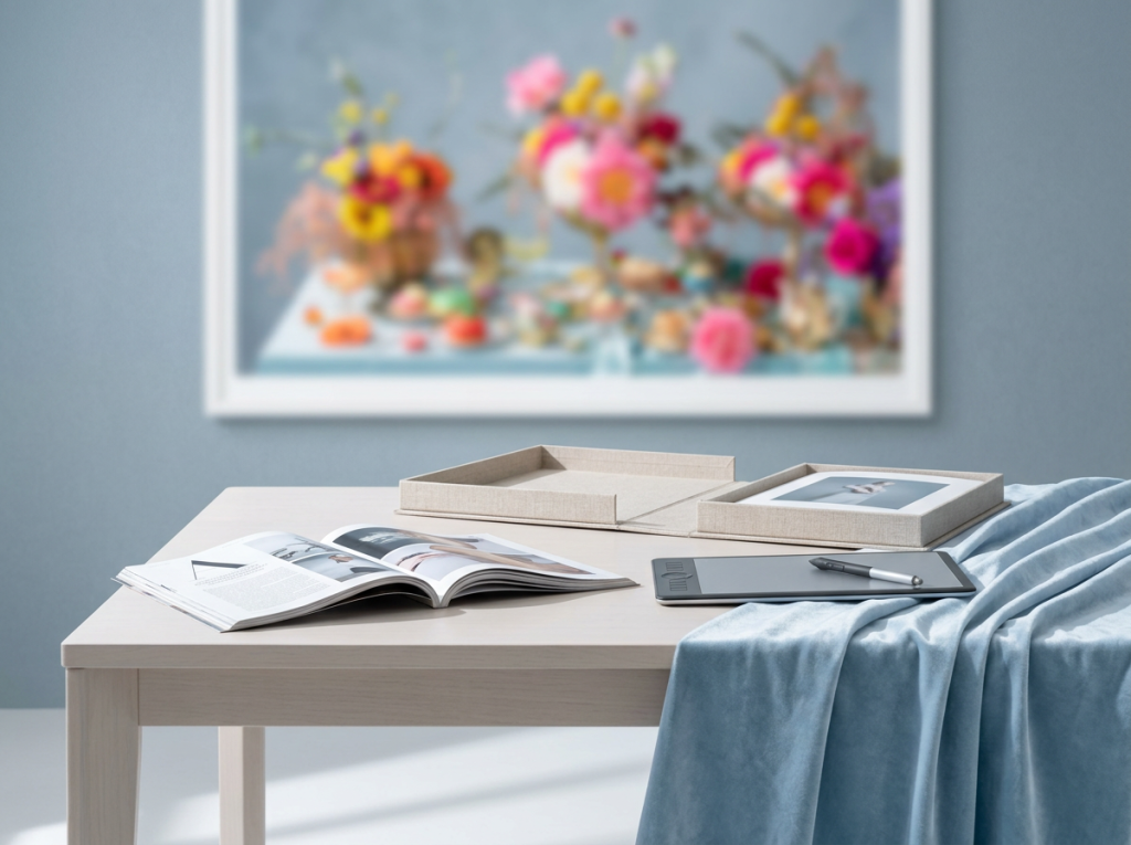 Ein helles, weitwinkliges B2B-Hintergrundbild mit einem aufgeschlagenen Magazin, Grafiktablett und einer Portfolio-Box auf einem Designtisch, im weichgezeichneten Hintergrund hängt ein gerahmtes, opulentes Blumenstillleben an einer blaugrauen Wand.