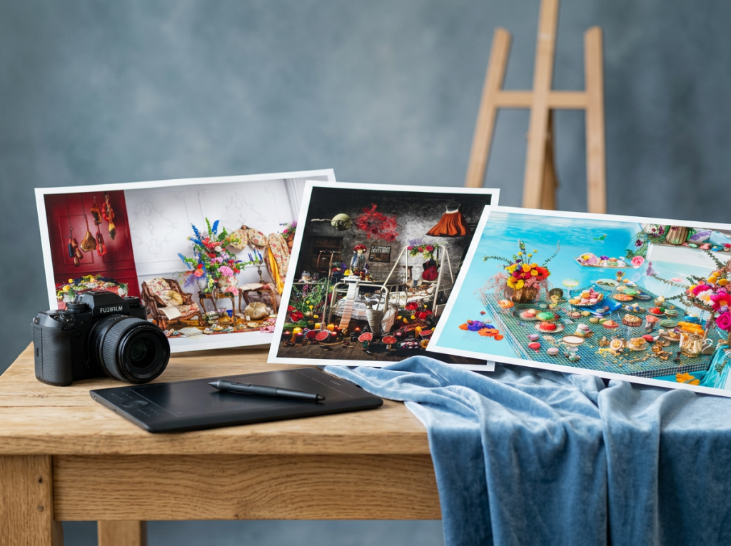 art-coach-expertise-portfolio-studio-ambiente Ein helles, atmosphärisches B2B-Hintergrundbild mit drei aufrecht und überlappend auf einem Holztisch arrangierten Fine-Art-Prints opulenter Stillleben, einer Fujifilm-Kamera, einem Grafiktablett und blauem Samtstoff vor einer unschärfegemalten Staffelei.
