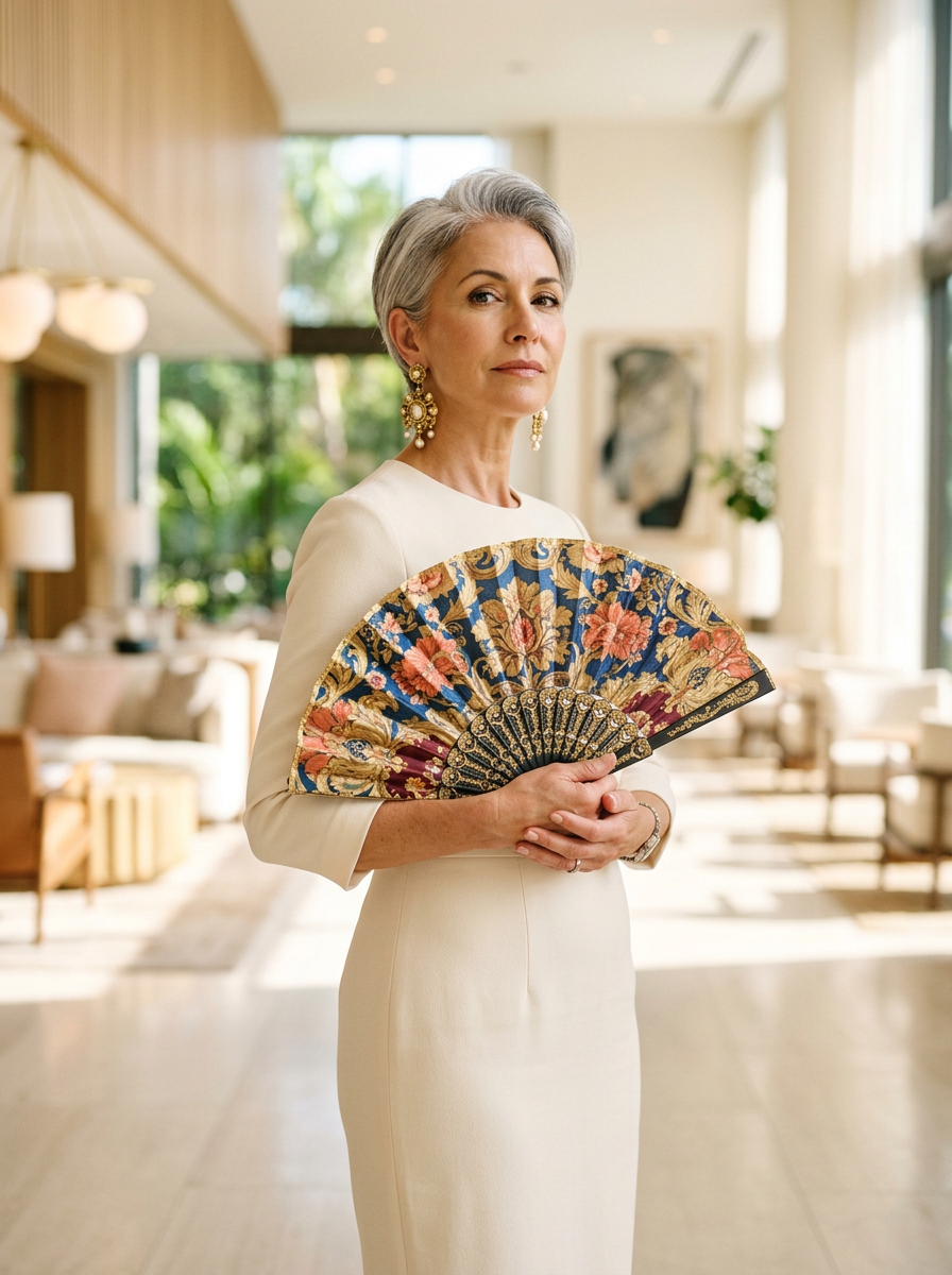 Eine elegant gekleidete Frau mit grauen Haaren und opulenten Ohrringen hält einen gemusterten, antiken Fächer in einer klassischen Porträt-Pose der Alten Meister in einem hellen Foyer.