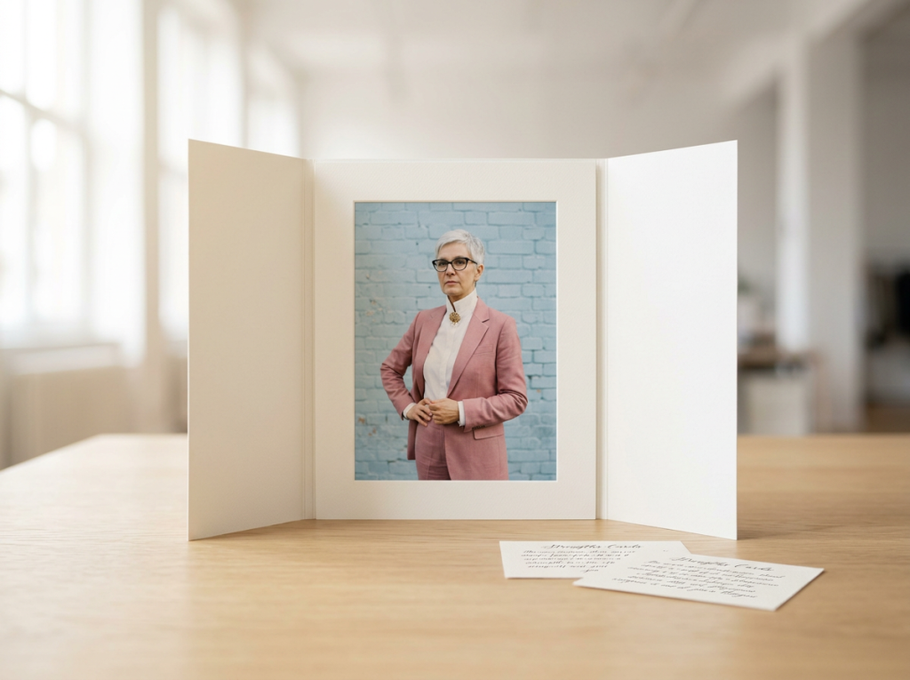 Ein helles, weichgezeichnetes B2B-Hintergrundbild mit einer geöffneten, dreiteiligen cremeweißen Mappe auf einem Holztisch, die ein gedrucktes Business-Charakterporträt einer Frau im rosa Anzug zeigt, flankiert von Stärken-Karten.