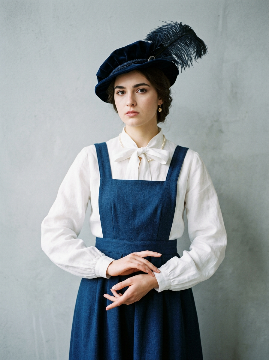 Junge Frau in blauem Trägerkleid und weißer Bluse trägt einen eleganten, historischen Samthut mit Feder.
