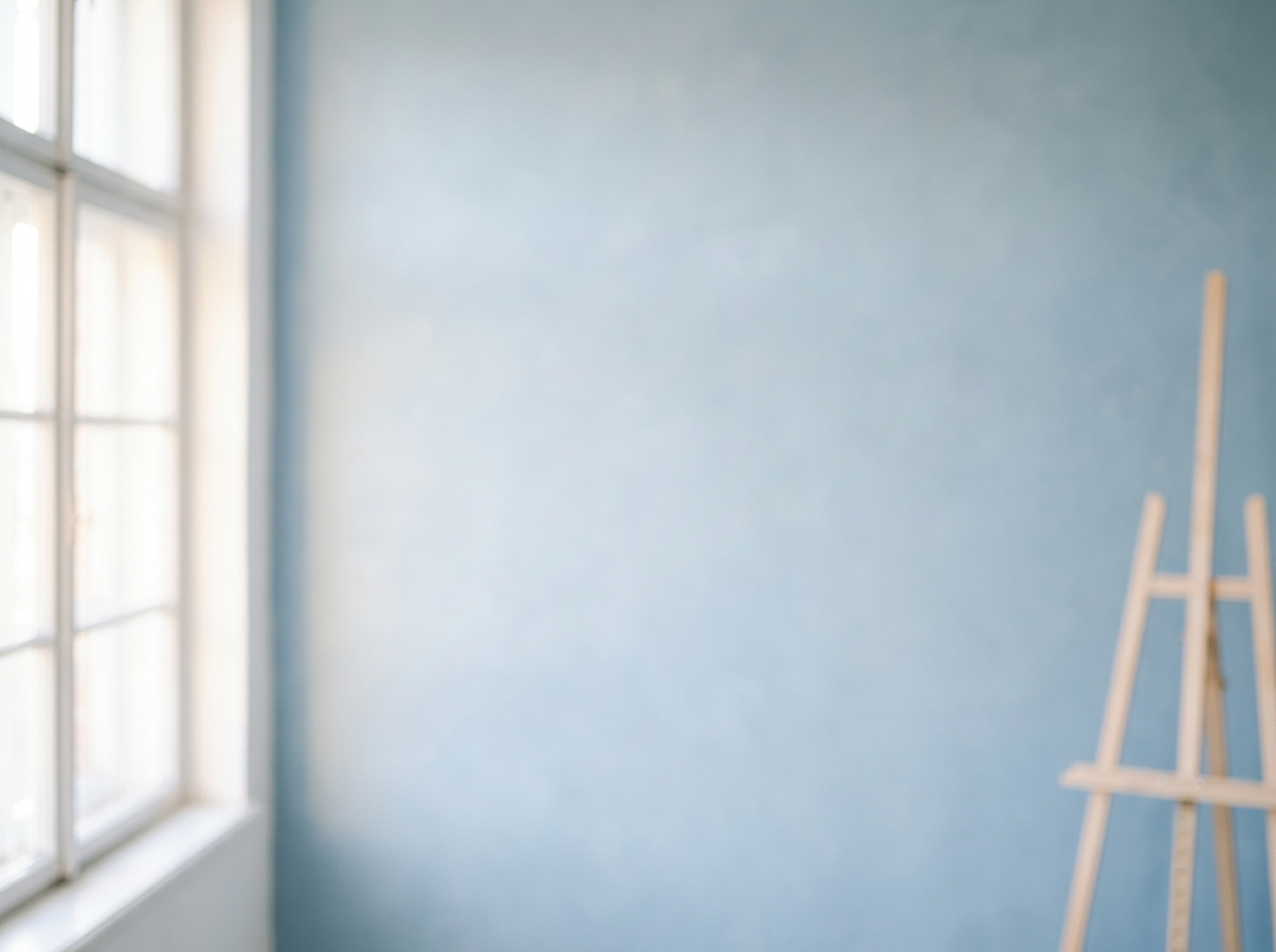 Ein helles, weichgezeichnetes Hintergrundbild mit einer hellblauen Studiowand, einem weißen Sprossenfenster am linken Rand und einer leeren Holzstaffelei rechts als Kulisse für eine Bildergalerie.