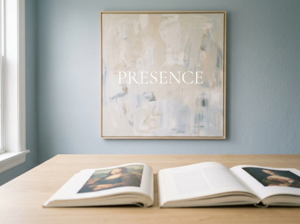 Ein weichgezeichneter Workshop-Hintergrund mit zwei aufgeschlagenen Kunstbildbänden auf einem Holztisch und einem abstrakten Gemälde mit dem feinen Schriftzug „PRESENCE“ an einer hellblauen Wand.