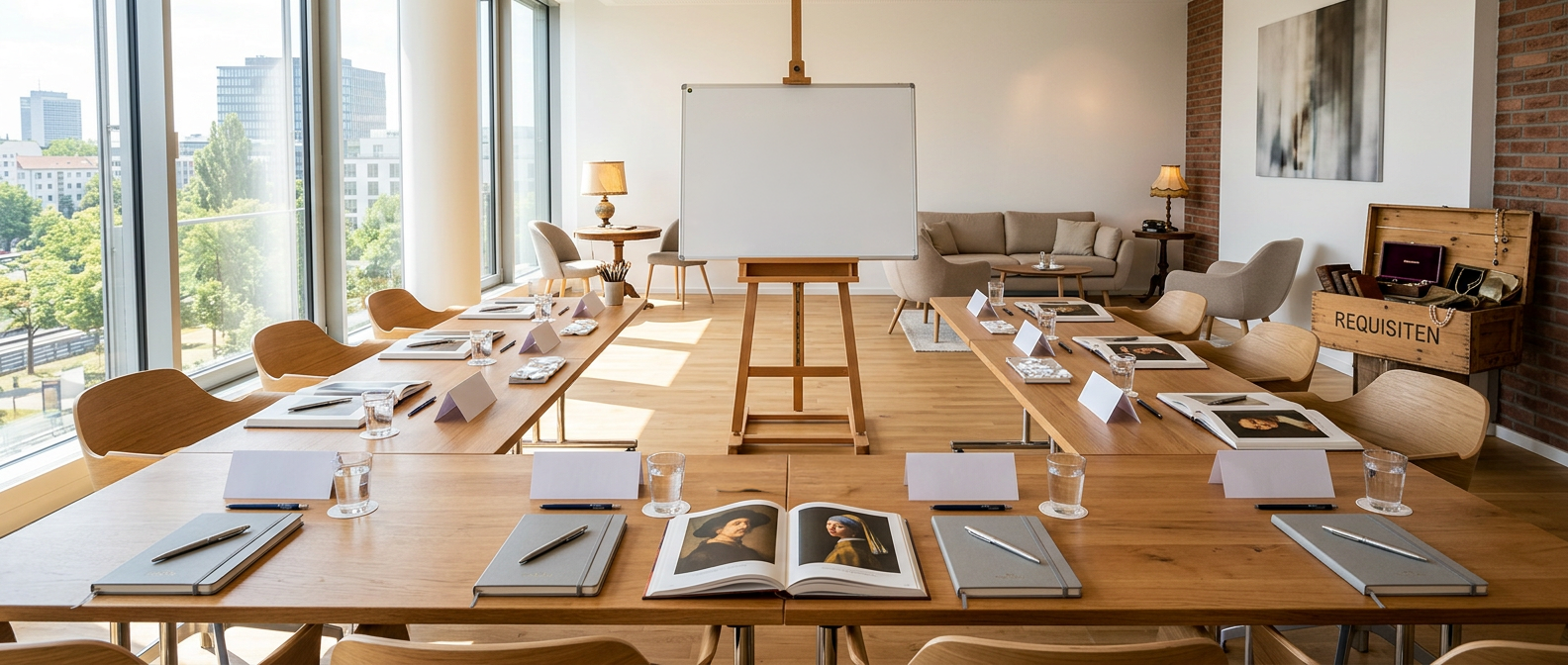 Ein heller, moderner Konferenzraum in U-Form mit bodentiefen Fenstern, vorbereitet für einen Workshop mit Notizblöcken, Bildbänden der Alten Meister, einer leeren Staffelei und einer Holzkiste voller Requisiten im Hintergrund.