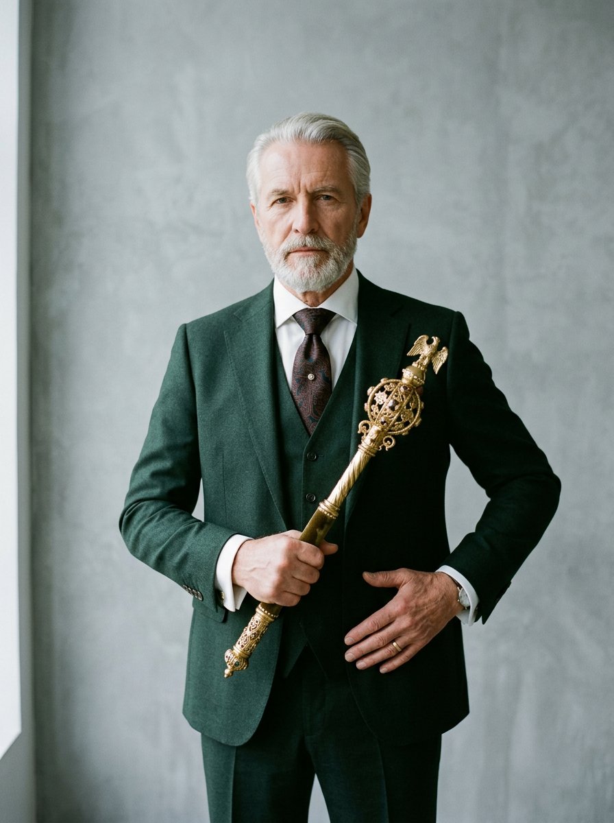Reifer Geschäftsmann im dunkelgrünen Dreiteiler hält ein goldenes, prunkvolles Zepter in einer majestätischen Pose.
