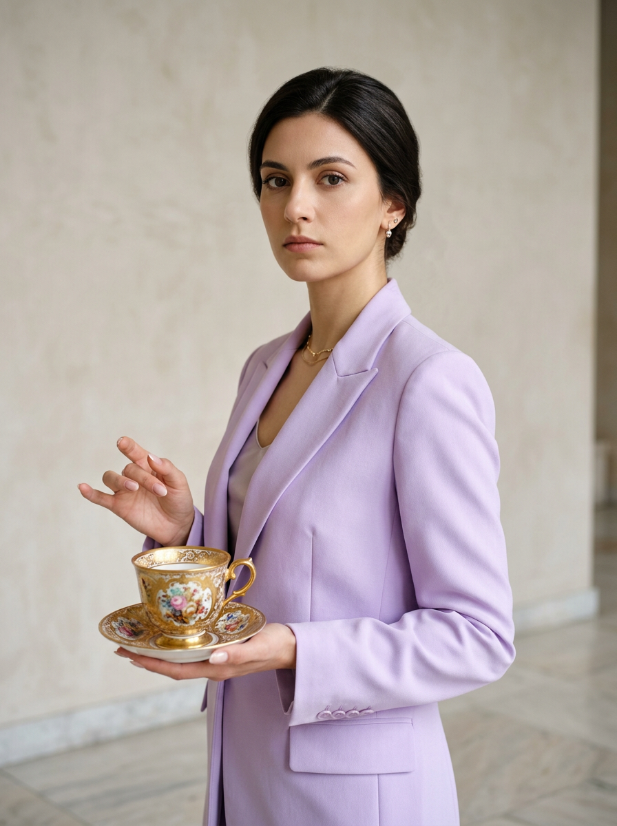 Elegante Frau im fliederfarbenen Blazer hält eine kunstvolle, goldene Porzellan-Teetasse im Profil vor einer hellen Wand.