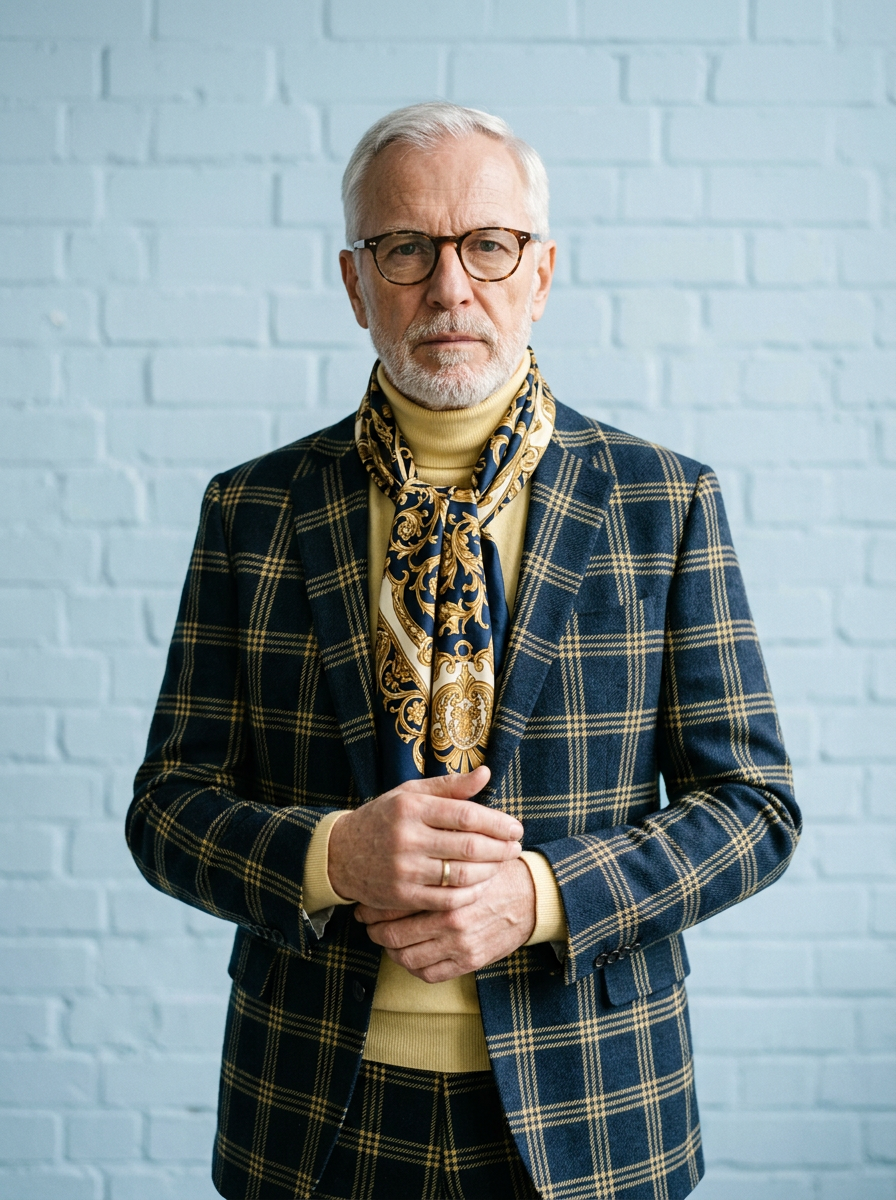 Älterer Mann im karierten Sakko mit Brille und einem prunkvollen, gold-blauen Seidenschal vor einer blauen Ziegelwand.