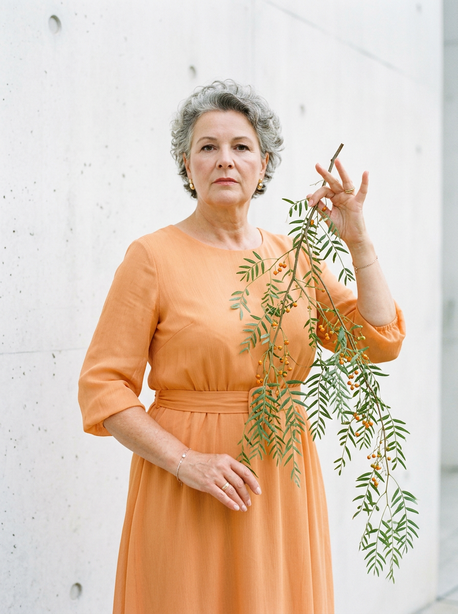Reife Frau im pfirsichfarbenen Kleid hält einen grünen Beeren-Zweig in der Hand vor einer Sichtbetonwand.