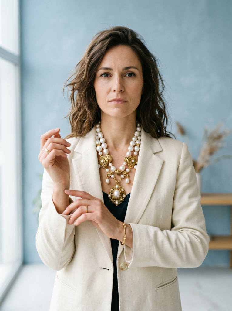 Eine Frau im beigen Blazer trägt eine prachtvolle, mehrreihige Perlenkette im Barockstil vor einer blauen Wand.