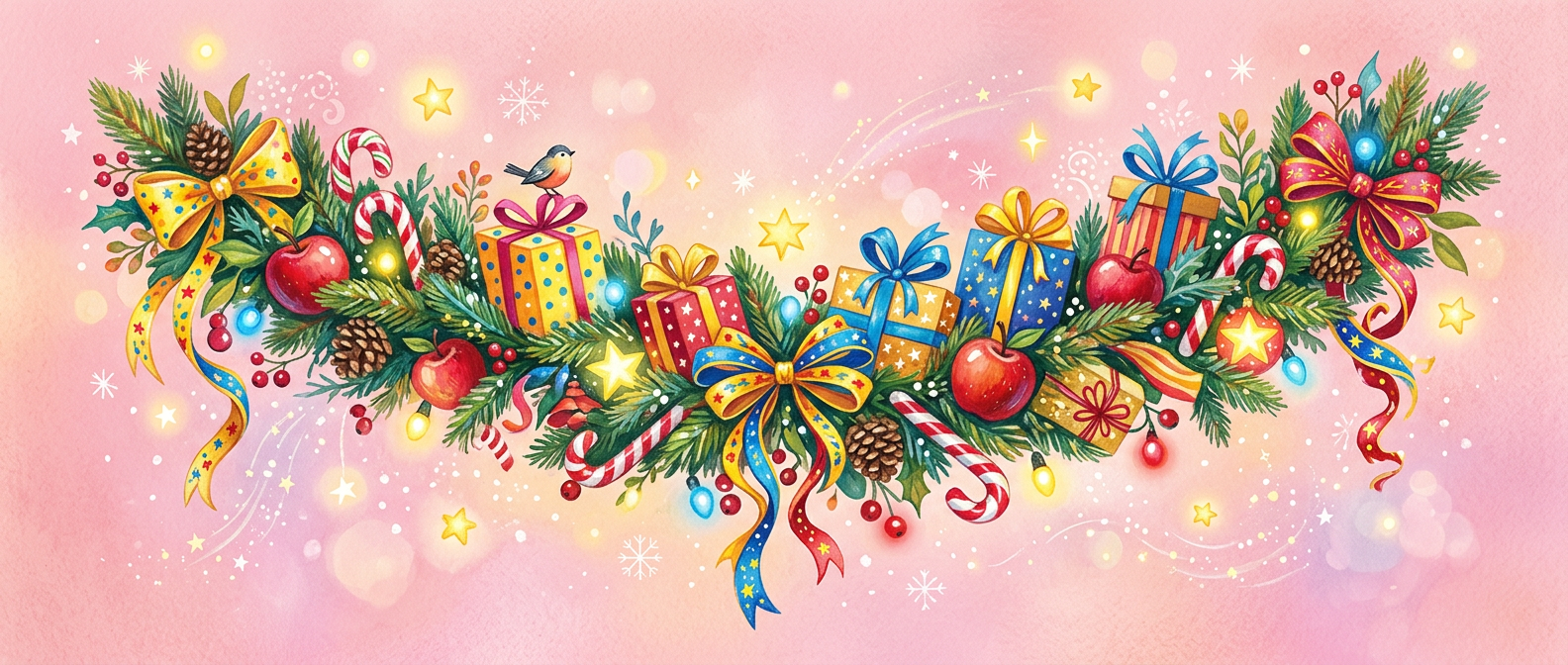 Festliche Weihnachts-Illustration im klassischen Stil als digitale Collage. Eine detailreiche Tannengirlande mit roten und goldenen Schleifen, Geschenken, Christbaumkugeln und Zuckerstangen auf einem altrosa Hintergrund mit Ornamenten – ideal für Buchcover, Papeterie und Editorial Design.