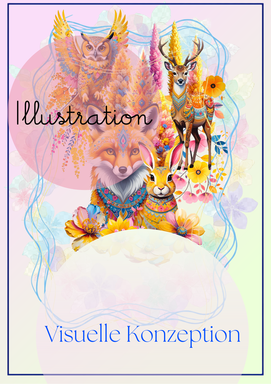 Kreatives Portfolio-Teaser-Bild mit der Aufschrift „Illustration Visuelle Konzeption“, gestaltet mit farbenfrohen, detailreichen Tier-Illustrationen von Eule, Hirsch, Fuchs und Hase inmitten von bunten Blumen.
