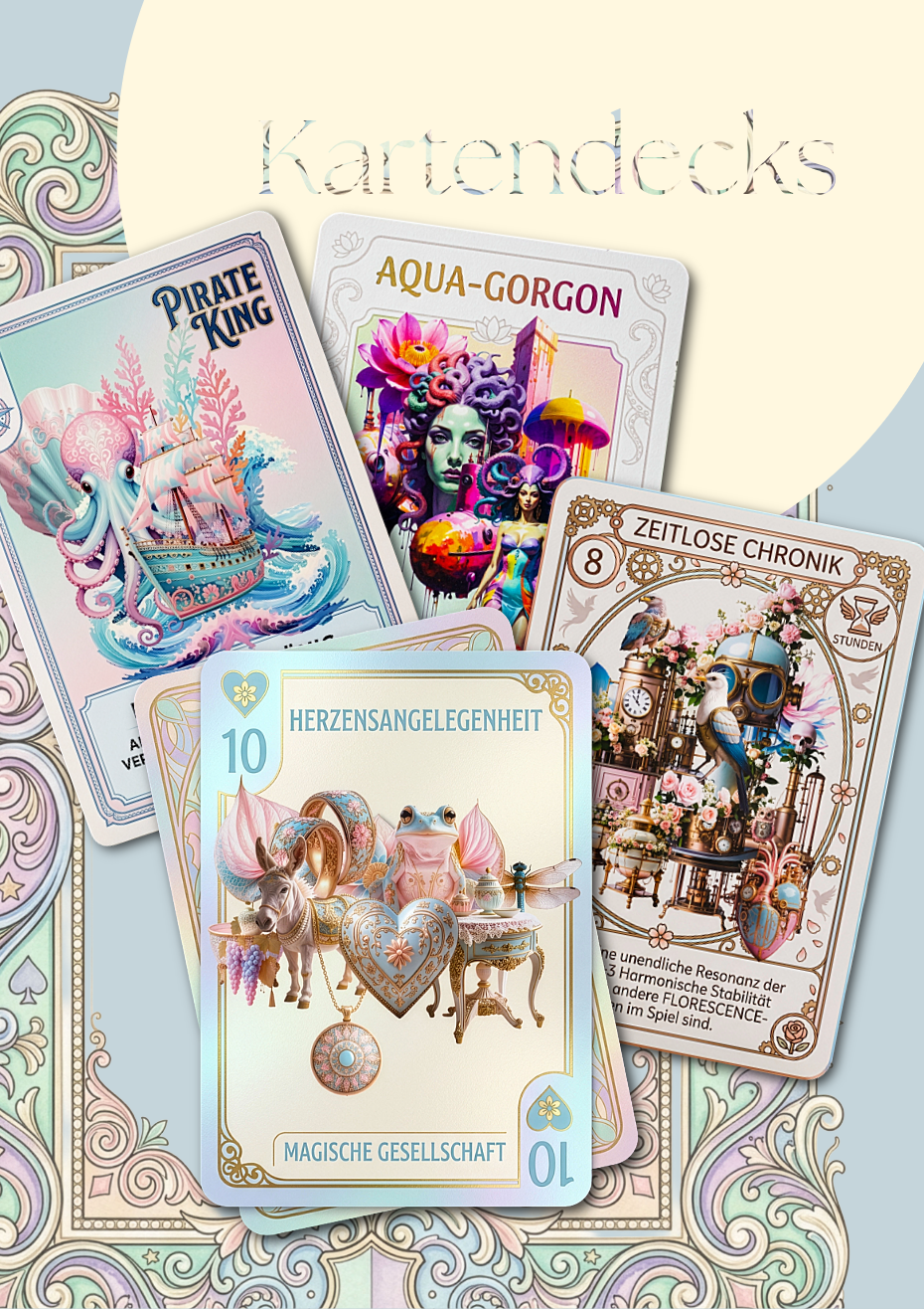 Fächerartig angeordnete Spiel- und Orakelkarten mit fantastischen, detailreichen Motiven wie Meereswesen, Unterwasserwelten und Fabelwesen.