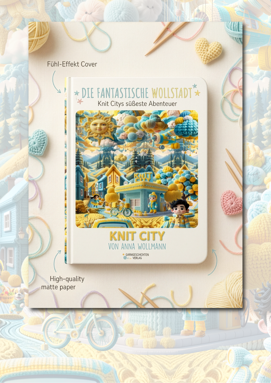 Präsentations-Mockup eines fiktiven Kinderbuch-Covers für „Die fantastische Wollstadt“ auf mattem Papier, eingebettet in eine kreative Collage aus gestrickten Herzen, Wolle und Stricknadeln, die das taktile Thema des Buchdesigns visuell unterstreichen.