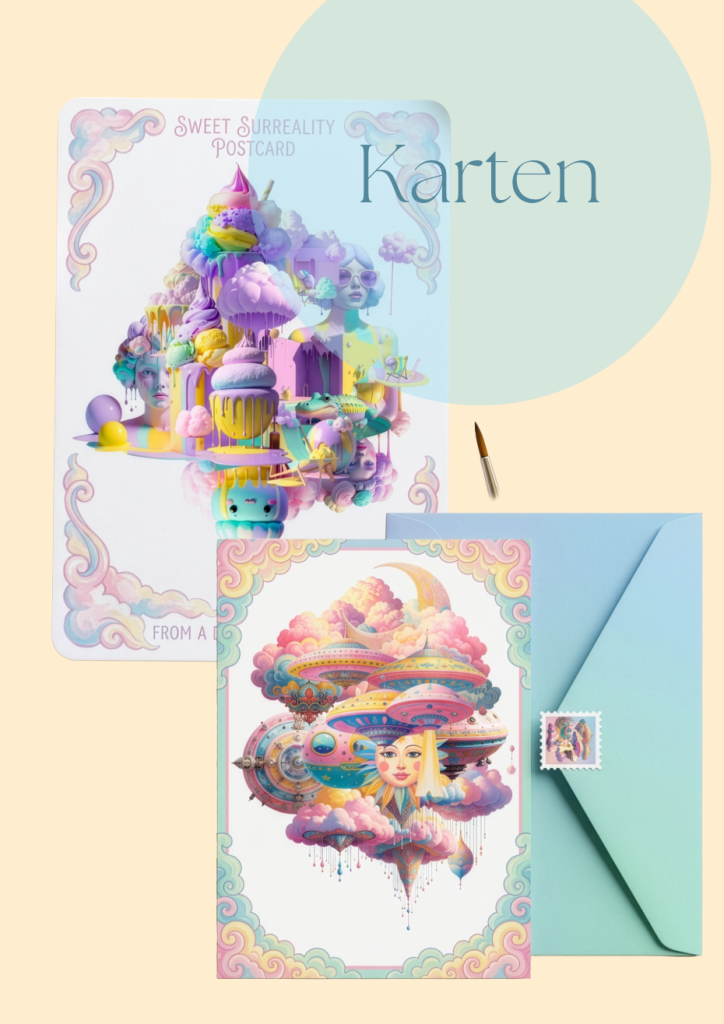 Zwei illustrierte Design-Konzepte für Postkarten mit phantasievollen, surrealen Wolkenmotiven in hellen Pastelltönen samt Umschlag.