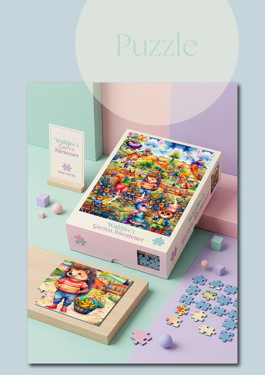 Produkt-Visualisierung einer Spielebox für ein 1000-Teile-Puzzle mit einer detailreichen Kinderbuch-Illustration zum Thema Waldtiere und Igel.